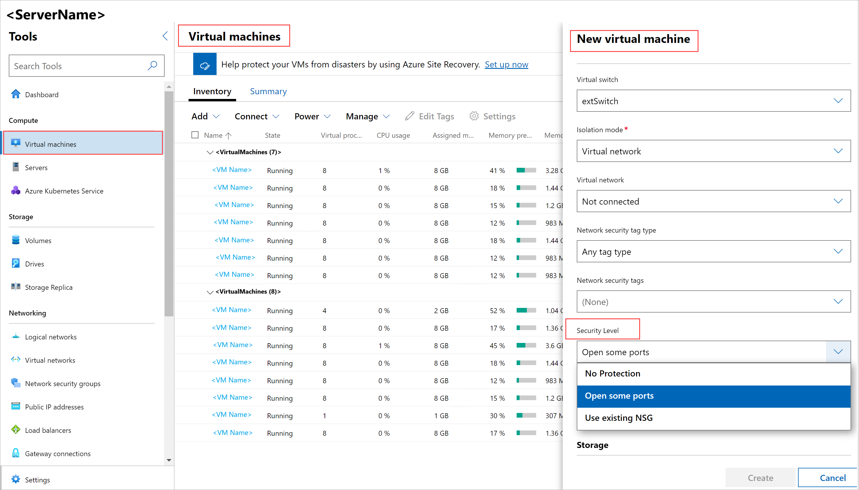 Captura de tela mostrando as três opções de nível de segurança para VMs no Windows Admin Center.