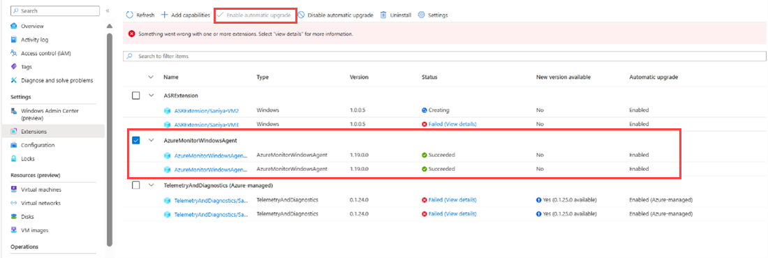 Captura de tela mostrando AzureMonitorWindowsAgent para habilitar a atualização automática.