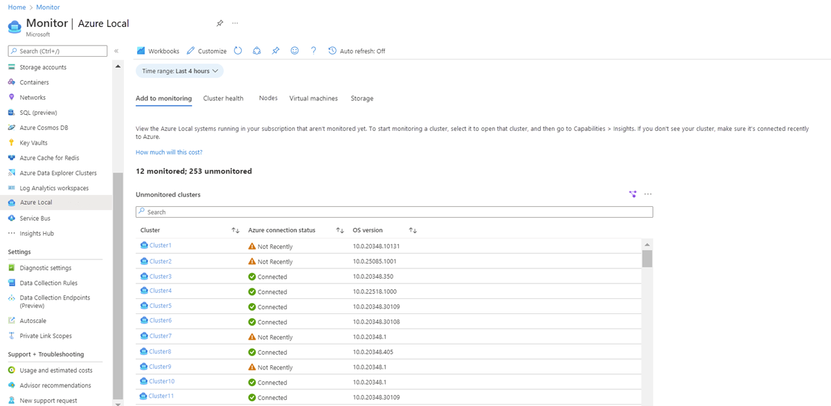 Captura de tela para selecionar o cluster para monitoramento.