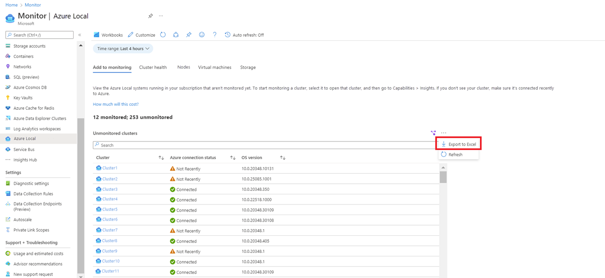 Captura de tela mostrando o link para exportar para o Excel.