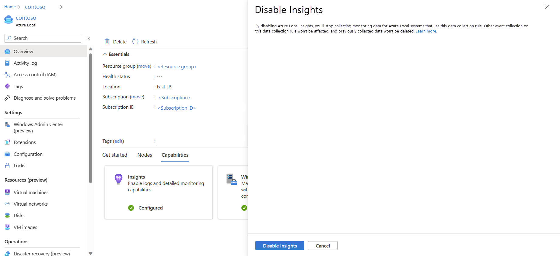 Captura de tela mostrando a janela Desativar Insights.