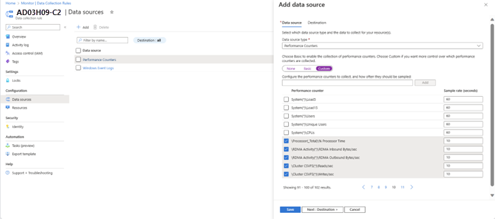 Captura de tela mostrando contadores de desempenho adicionada.