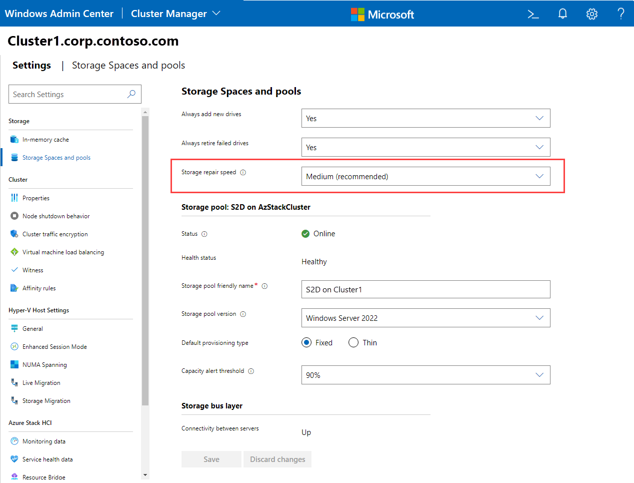 Você pode alterar as velocidades de reparo de armazenamento em Gerenciador de Cluster > Configurações > Espaços de Armazenamento e pools