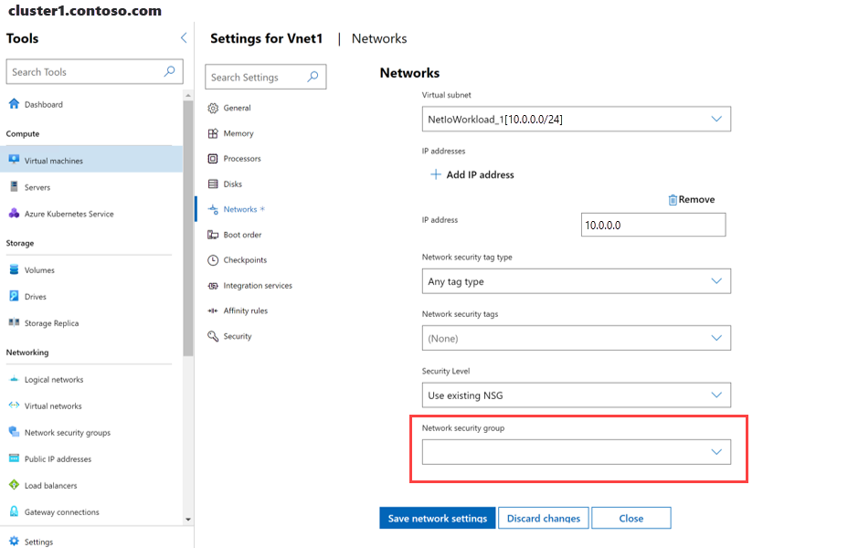 Captura de tela do Windows Admin Center mostrando a opção de configuração de rede para associar um grupo de segurança de rede a um adaptador de rede.