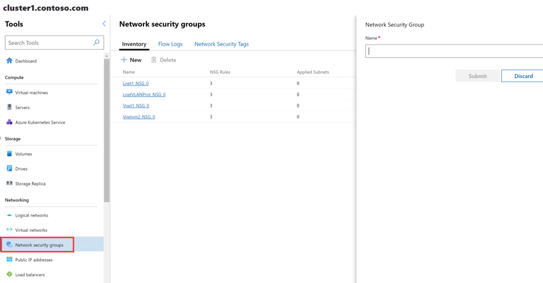 Captura de tela da tela inicial do Windows Admin Center mostrando a caixa Nome do Grupo de Segurança de Rede.