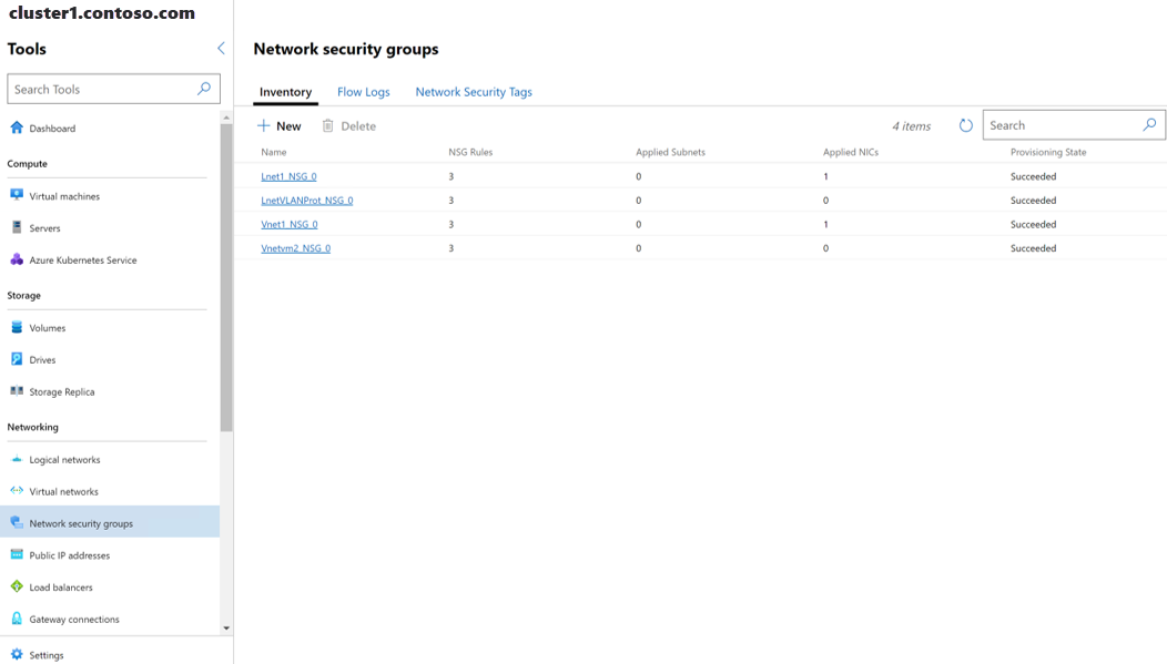 Captura de tela do Windows Admin Center mostrando uma lista de grupos de segurança de rede na guia Inventário.