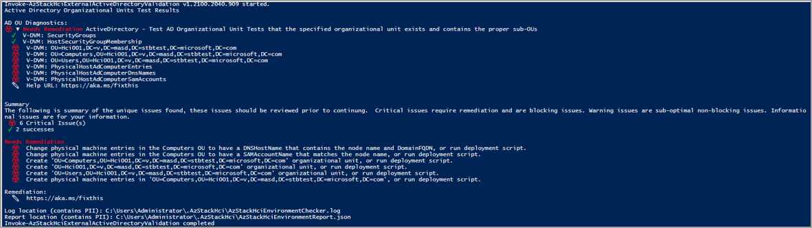 Captura de tela de outro relatório com falha após a execução do validador do Active Directory.