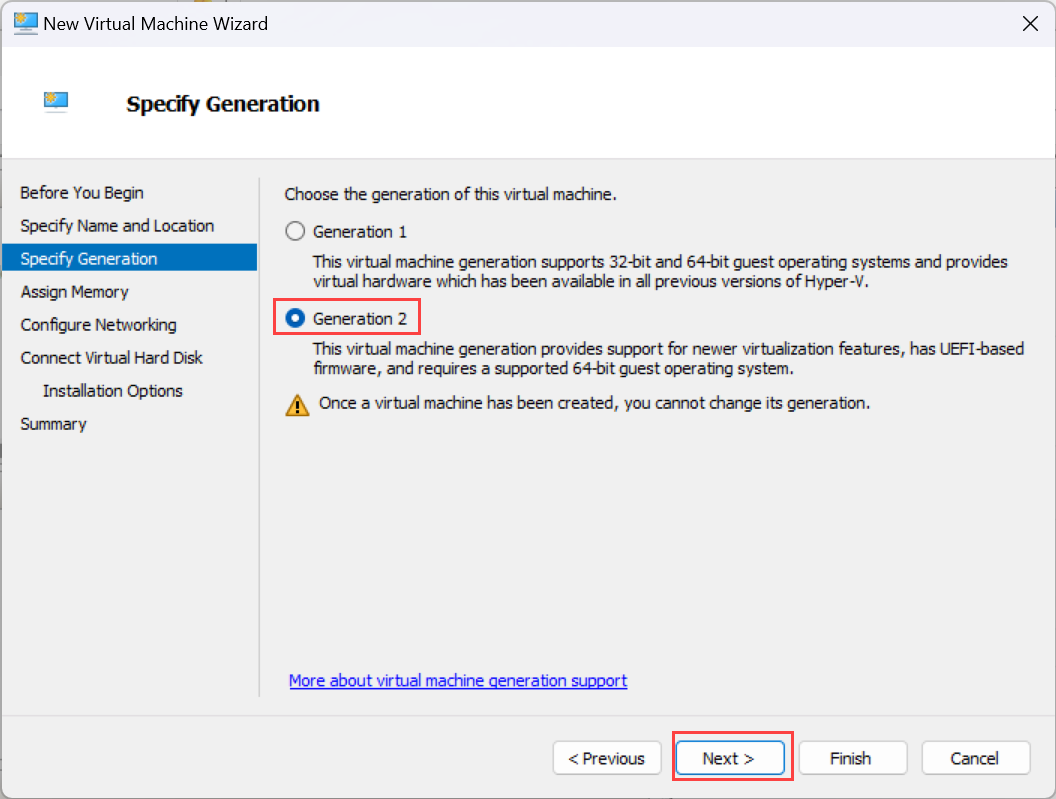 Captura de tela que mostra o Assistente de Nova Máquina Virtual na página Especificar Geração.