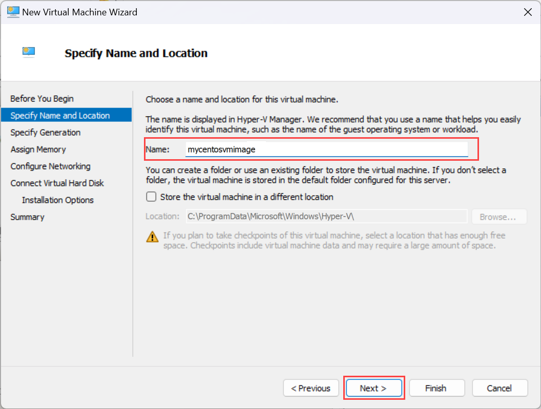Captura de tela que mostra o Assistente para Nova Máquina Virtual na página Especificar Nome e Local.