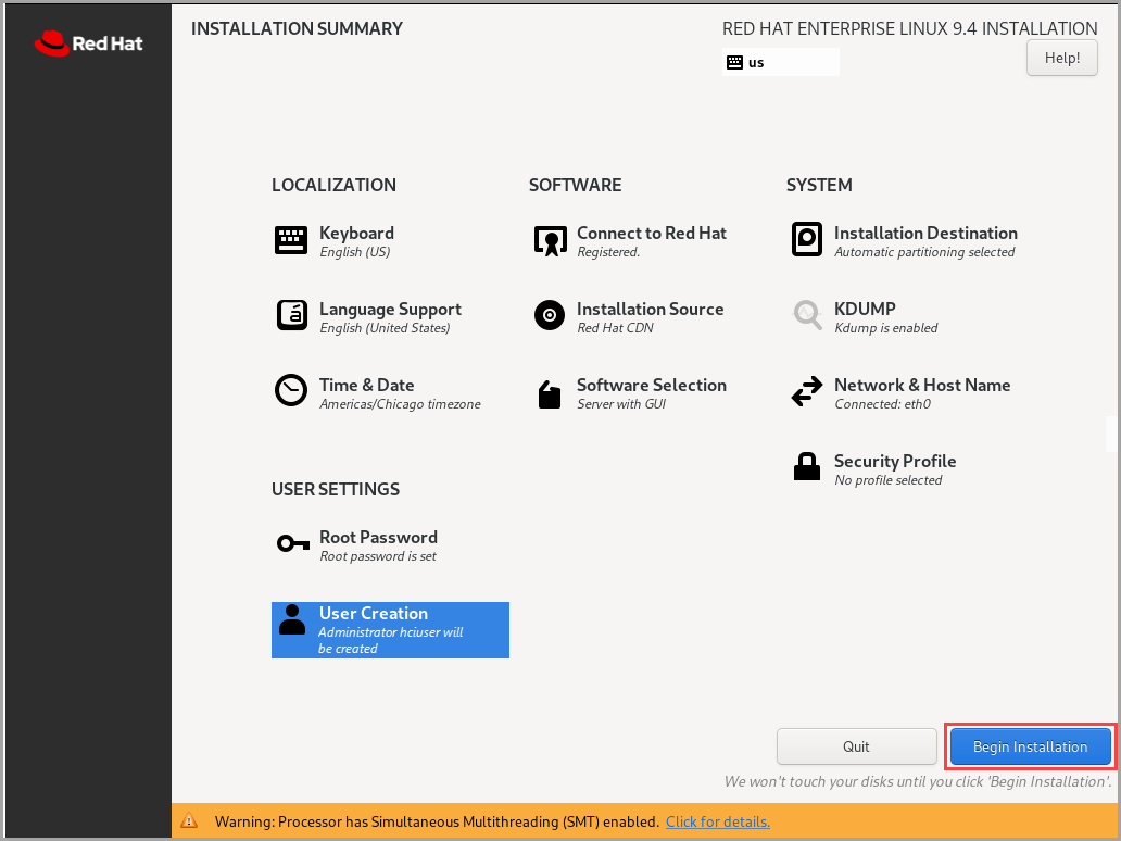 Captura de tela que mostra o botão Iniciar instalação.