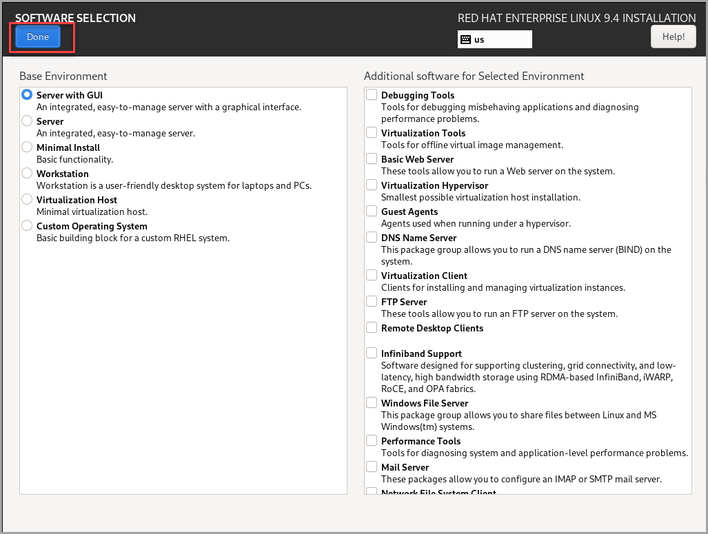 Captura de ecrã que mostra a página Seleção de Software.