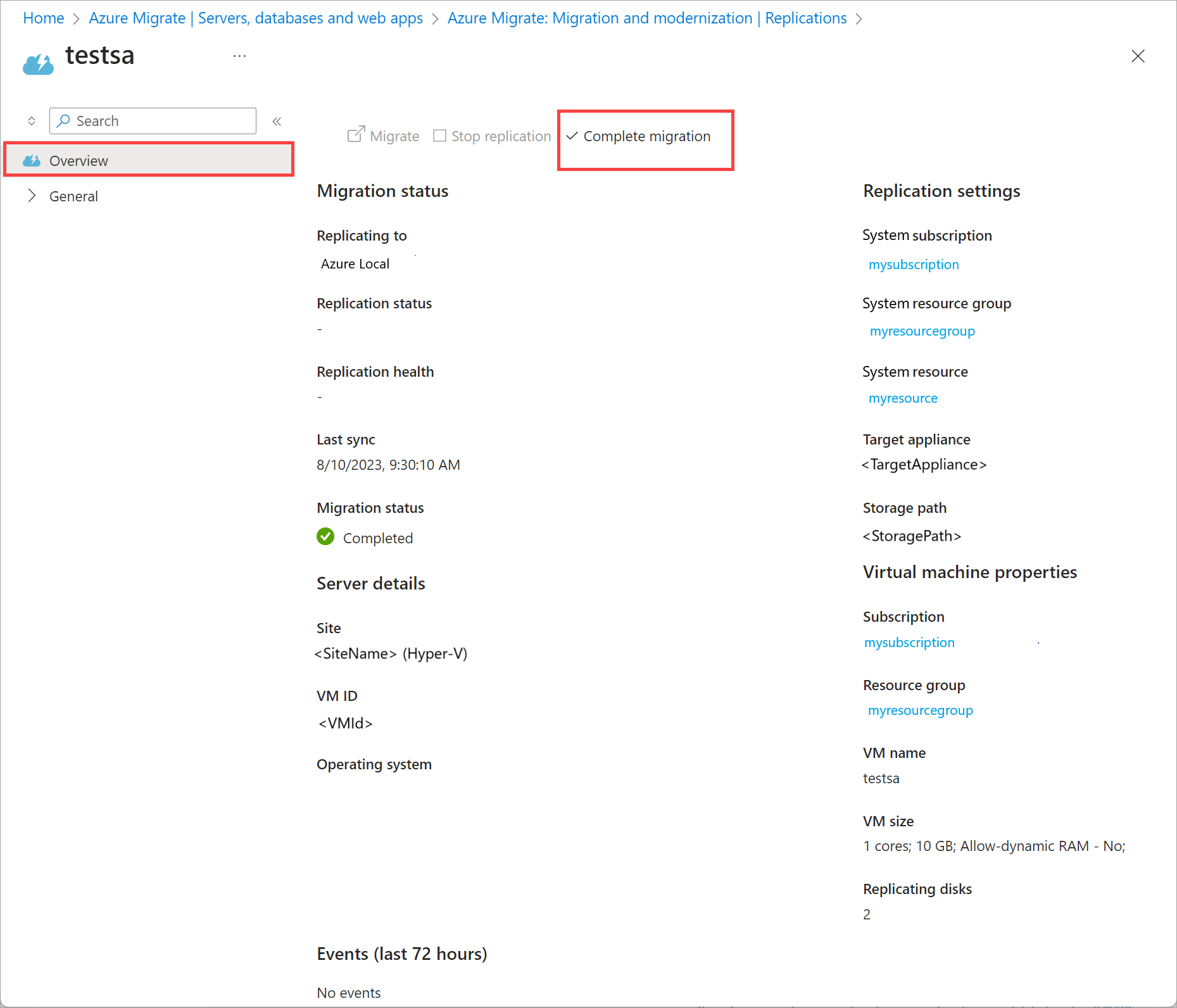 Captura de tela da exibição Replicações com uma VM selecionada no portal do Azure.