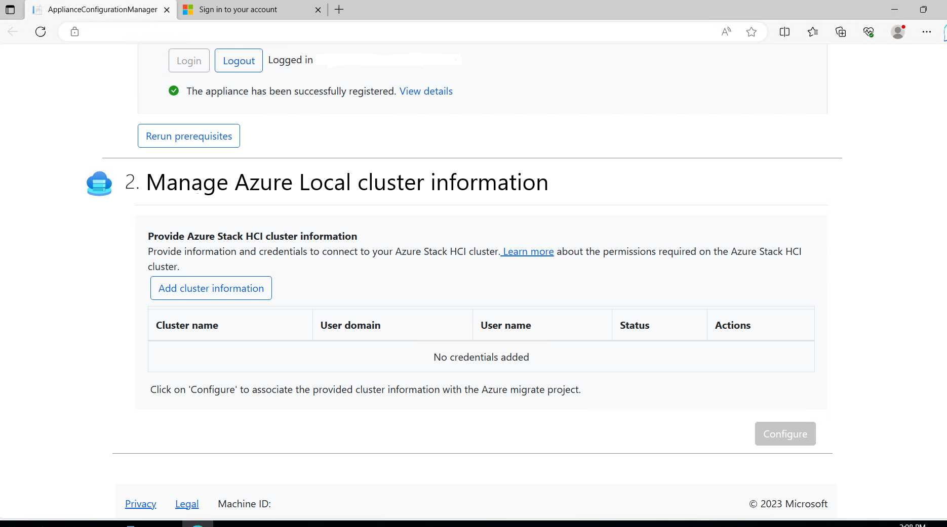 Captura de tela mostrando o botão Adicionar informações do cluster.