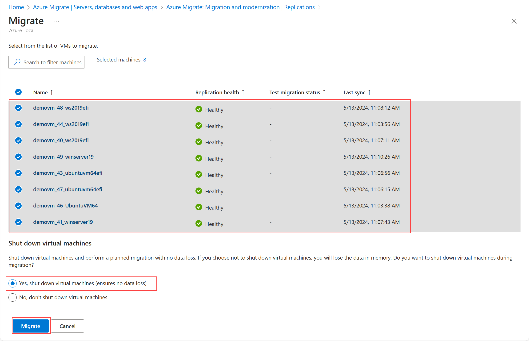 Captura de tela da página Migrar com menu de contexto no portal do Azure.