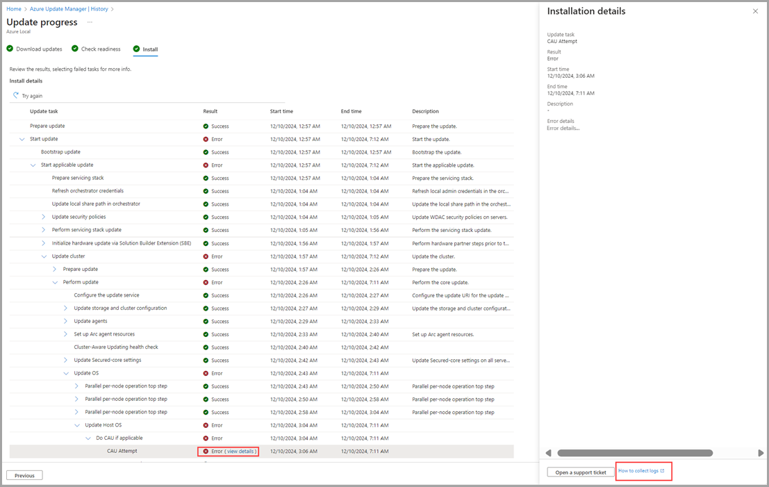 Captura de tela para baixar logs de erros.