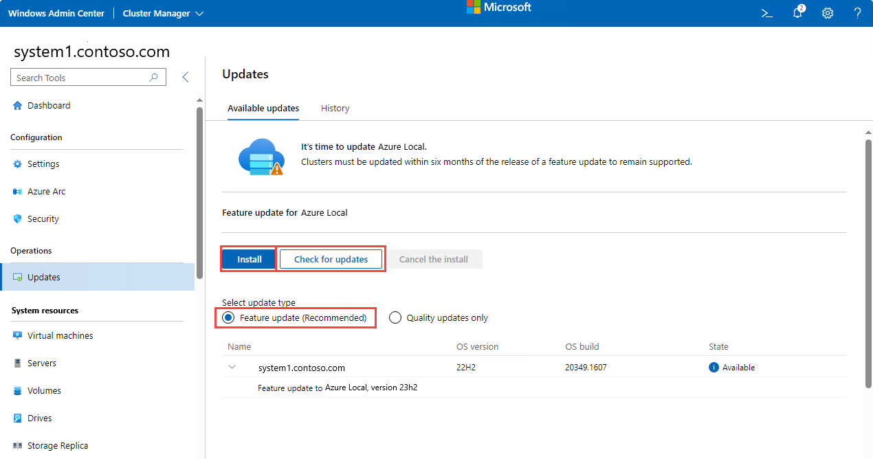 Captura de tela da página Atualizações no Windows Admin Center mostrando as atualizações disponíveis.