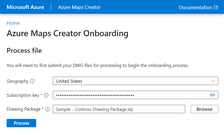 Captura de tela mostrando a tela do arquivo do processo da ferramenta de integração do Criador do Azure Mapas.