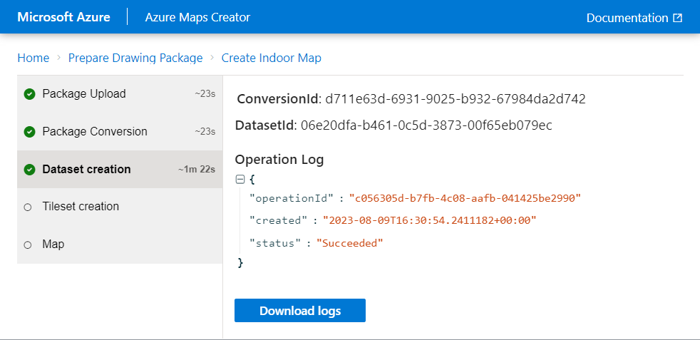 Captura de tela mostrando a tela de criação do conjunto de dados da ferramenta de integração do Criador do Azure Mapas, incluindo o valor da ID do conjunto de dados.