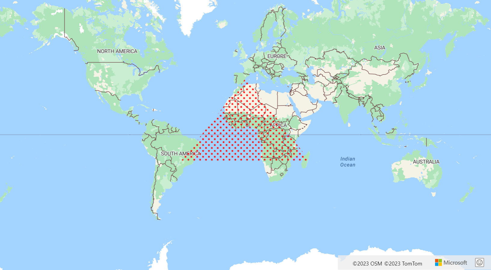 Captura de tela mostrando um mapa que exibe uma camada de polígonos usando o modelo de imagem de ponto com uma cor primária vermelha e uma cor secundária transparente.