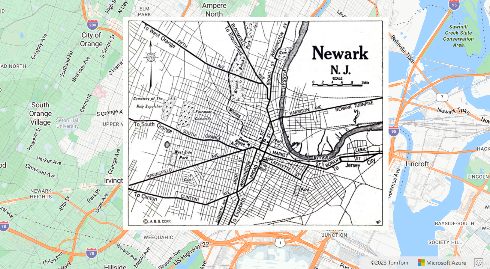 Uma captura de tela mostrando um mapa com uma imagem de um mapa de Newark New Jersey de 1922 como uma camada de imagem.