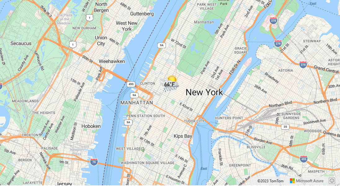 Uma captura de tela do mapa com uma marcação adicionada por meio da camada de símbolo com um ícone personalizado.