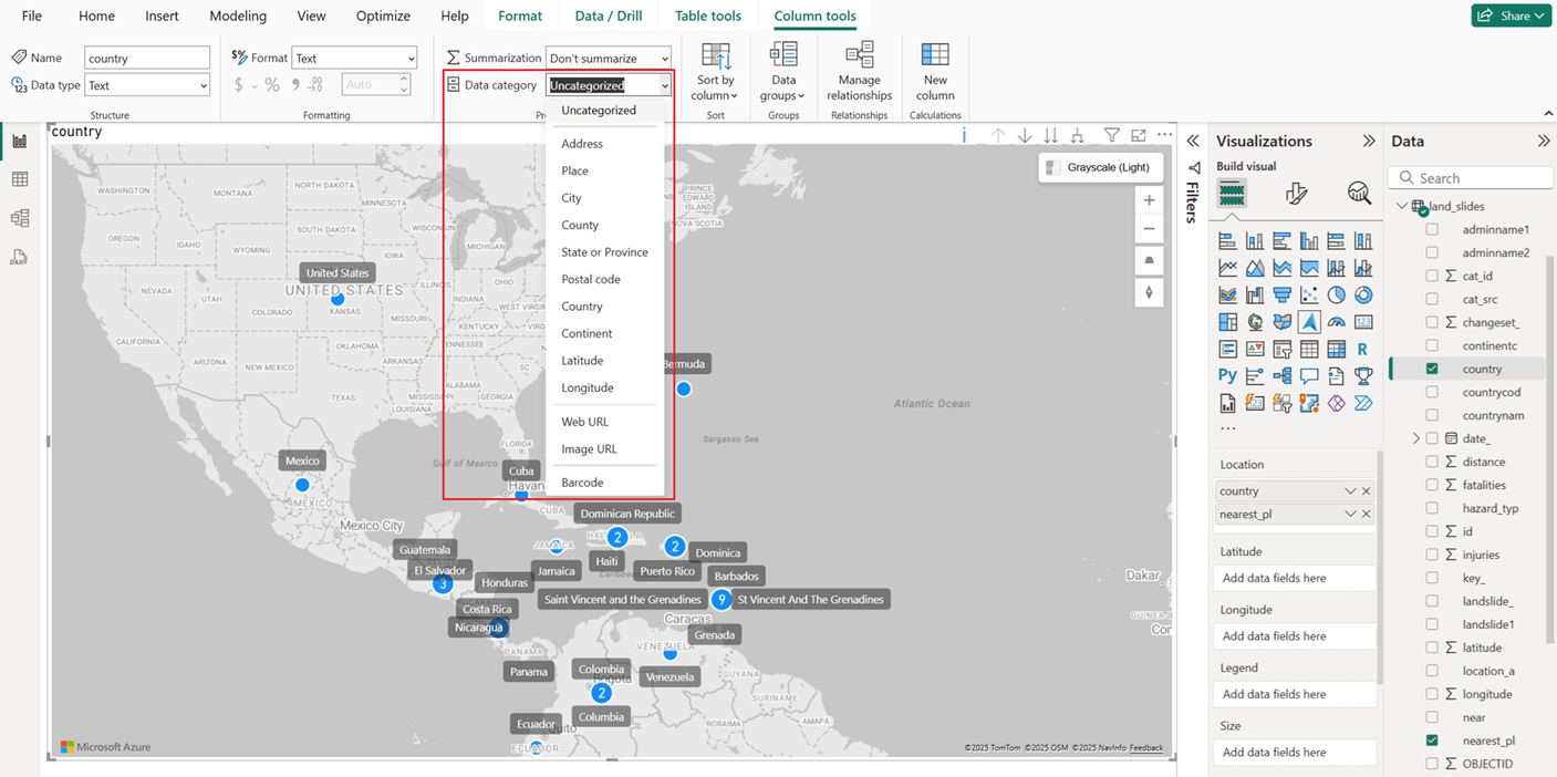 Uma captura de tela mostrando a lista suspensa da categoria de dados no Power BI Desktop.