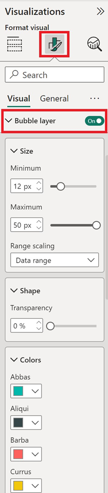 Uma captura de tela mostrando as configurações do gráfico de pizza que aparecem na seção Bolhas quando a guia de formato é selecionada no painel de visualização no Power BI.