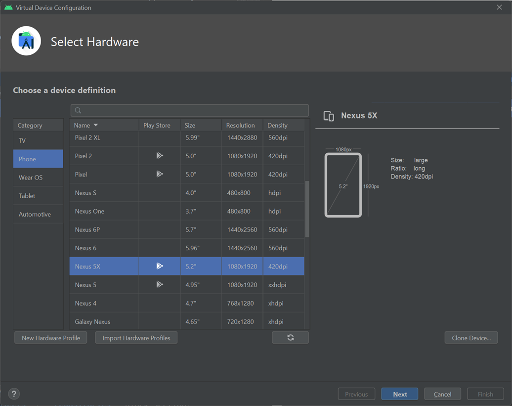 Uma captura de tela que mostra a tela Selecionar hardware no Gerenciador de Dispositivos Android Virtual ao criar um novo dispositivo virtual.