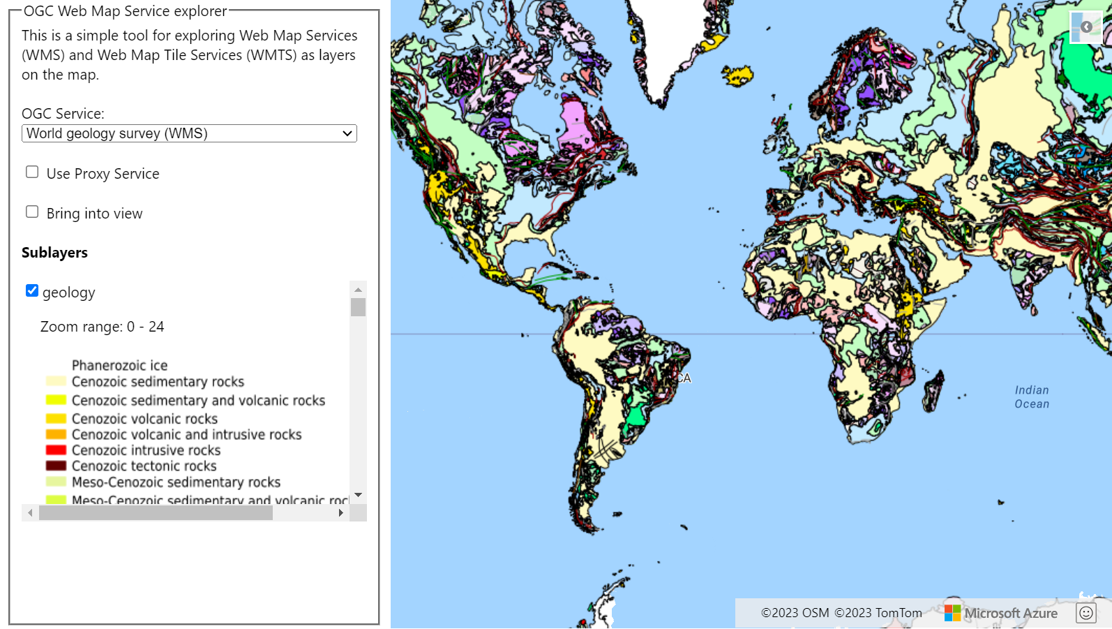 Uma captura de tela que mostra um mapa com uma camada WMTS proveniente da pesquisa de geologia mundial. À esquerda do mapa está uma lista suspensa mostrando os serviços OGC que podem ser selecionados.