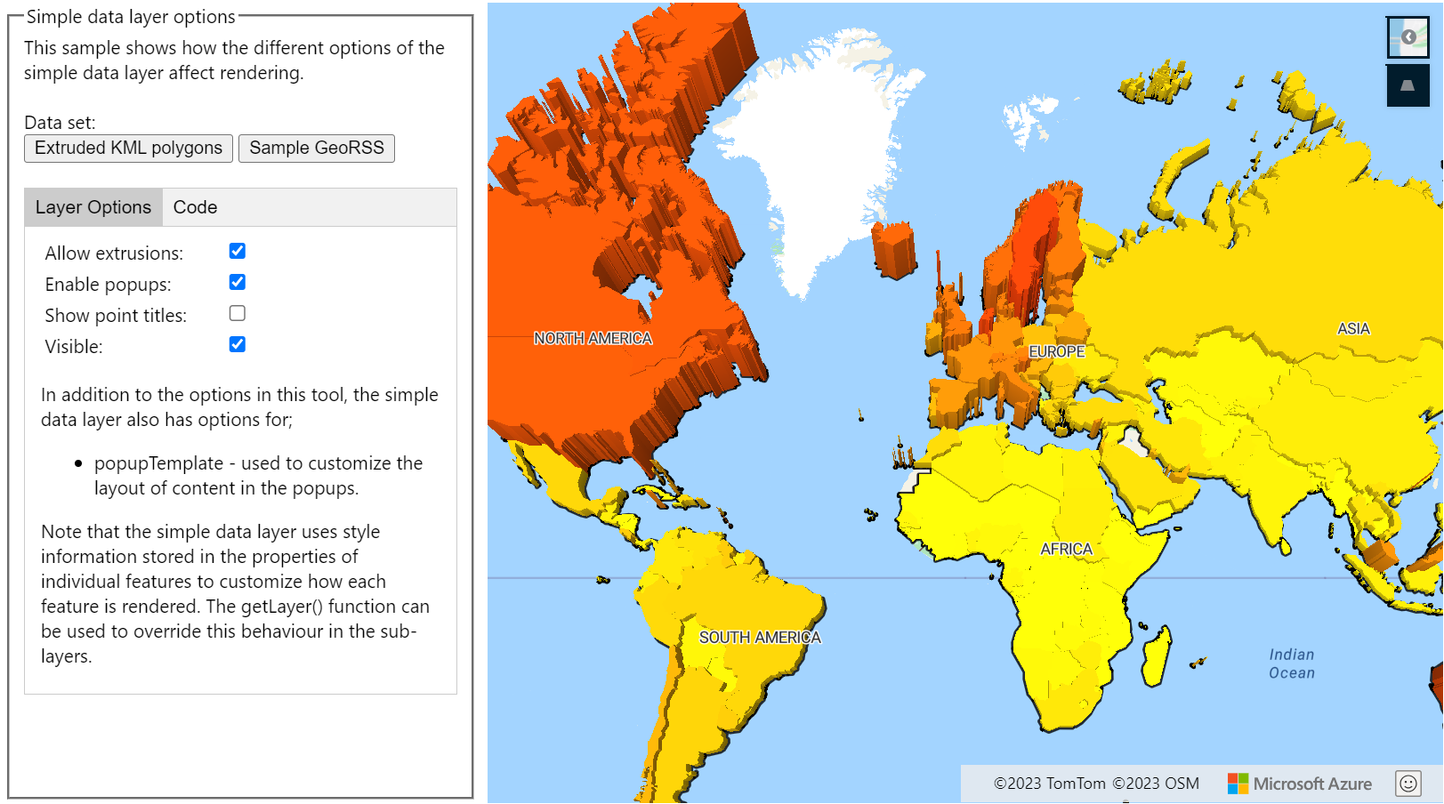 Uma captura de tela do mapa com um painel à esquerda mostrando as diferentes opções de camada de dados simples.