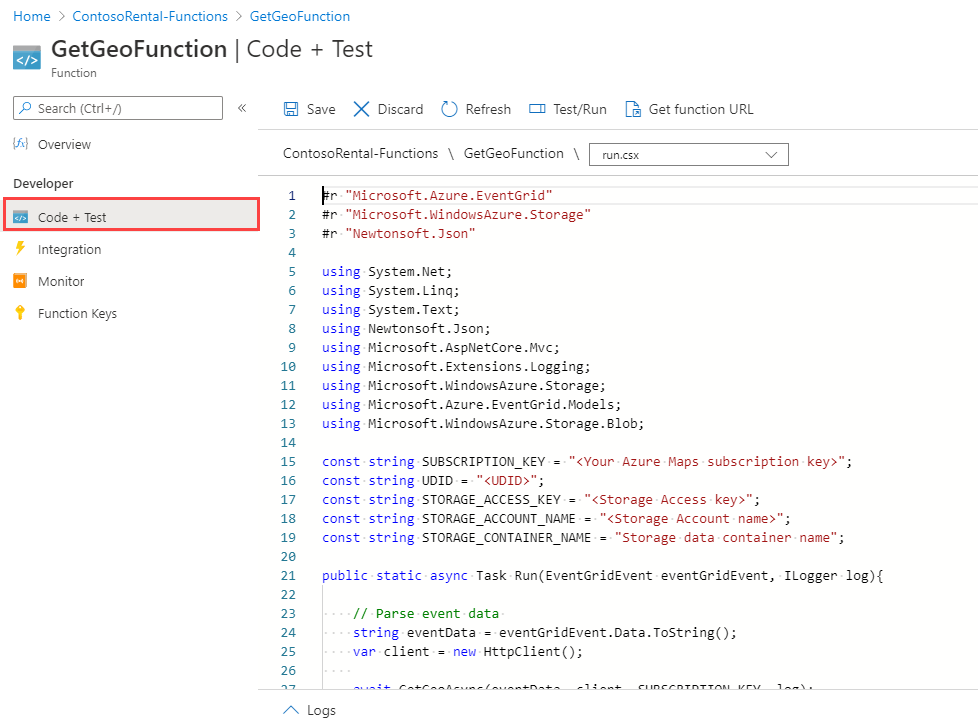 Cópia/Captura de tela do código colado na janela de funções.