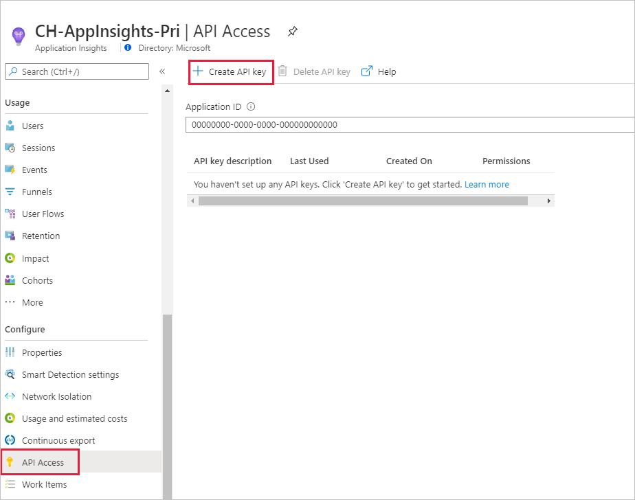 Screenshot that shows selecting the API Access tab and the Create API key button.