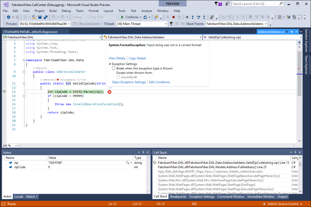 Captura de tela que mostra uma exceção no código.