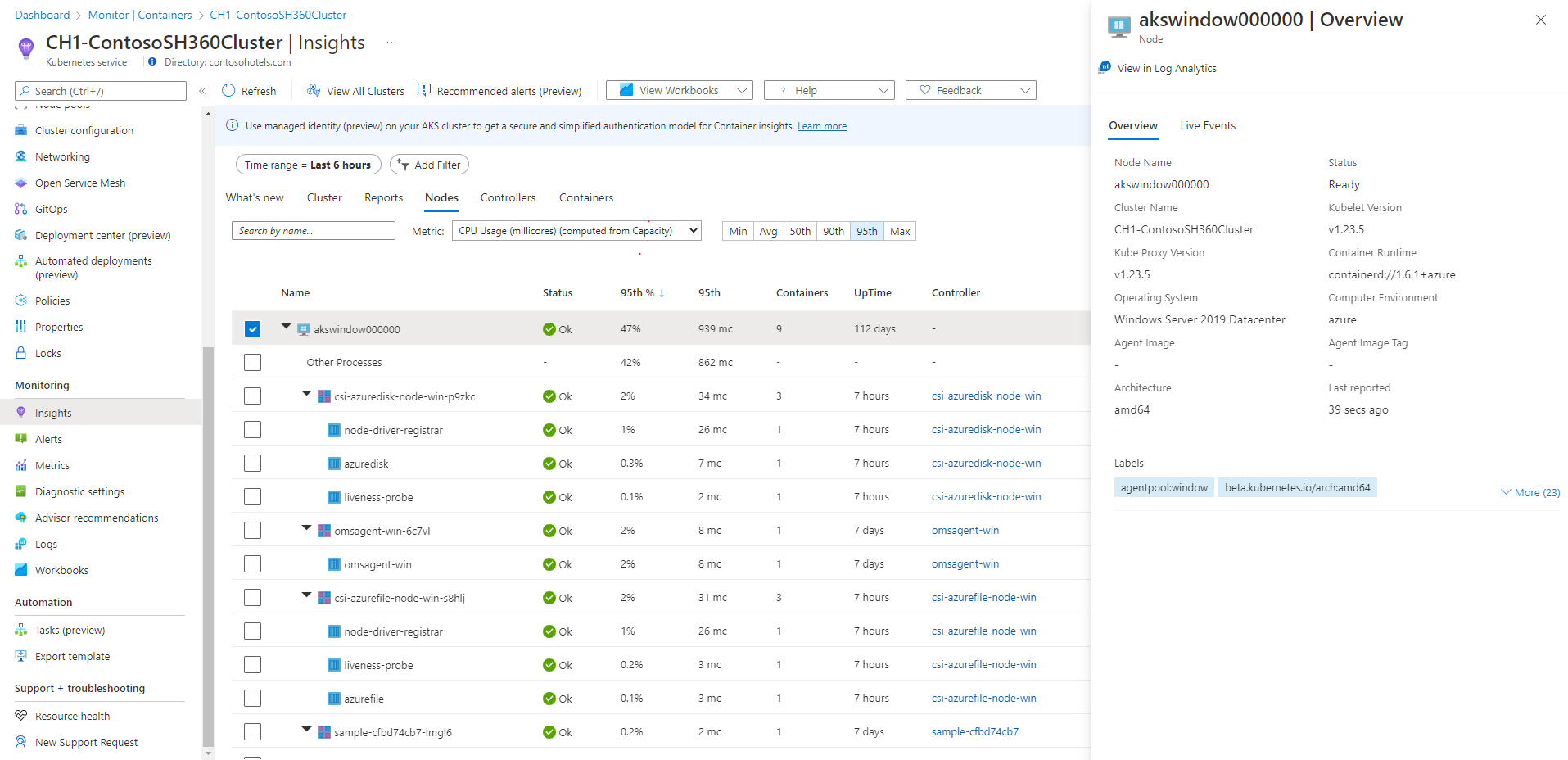 Captura de tela que mostra um exemplo de hierarquia de Nós com os nós do Windows Server listados.