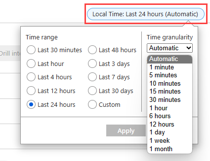 Captura de tela mostrando o intervalo de tempo e o seletor de granularidade.