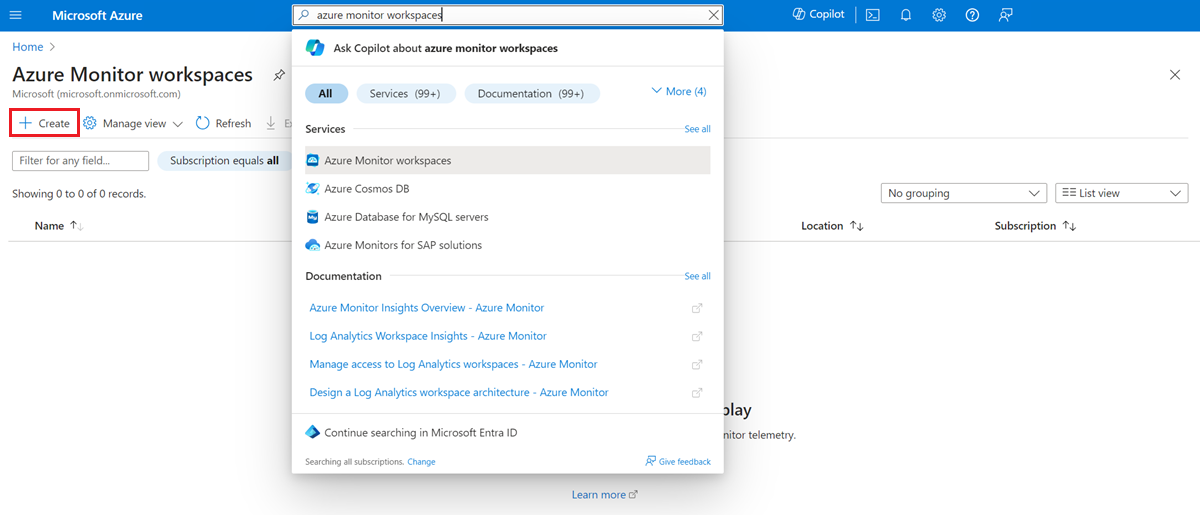 Screenshot of Azure Monitor workspaces menu and page.