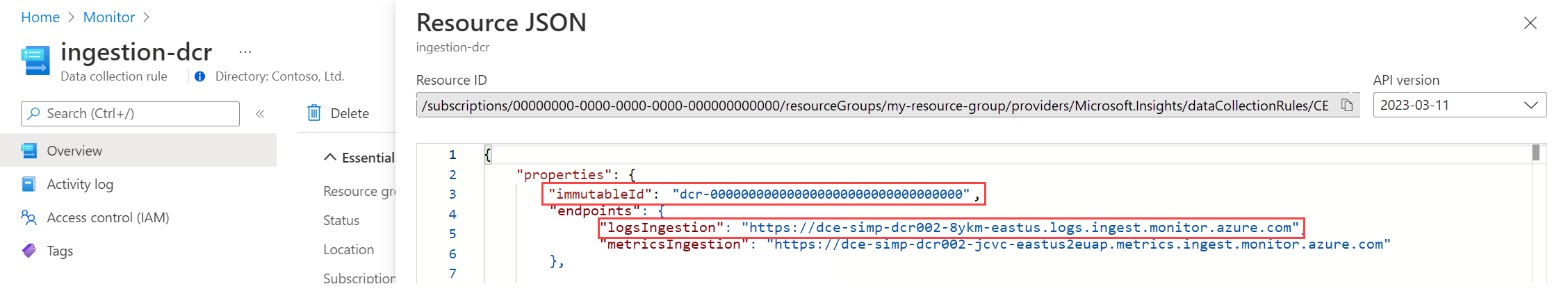 Captura de tela que mostra a exibição JSON da DCR.