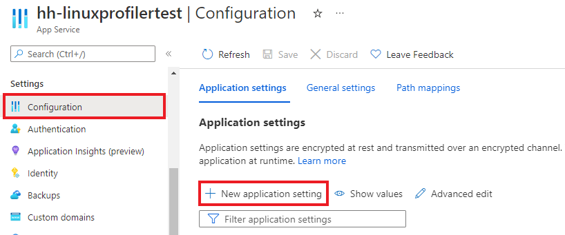 Captura de tela que mostra a adição de uma nova configuração de aplicativo no painel Configuração.