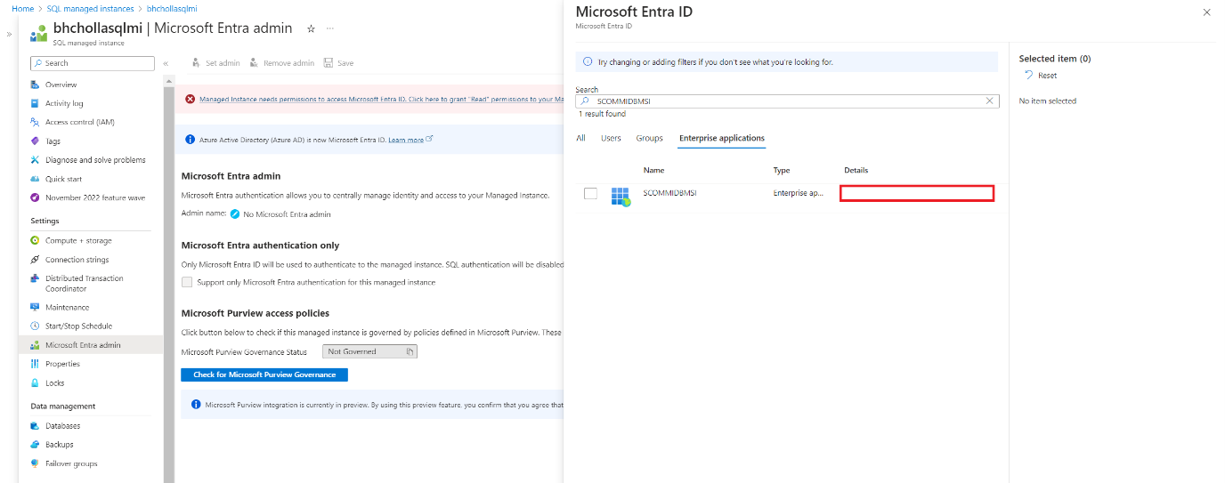 Captura de tela das informações da MSI para o Microsoft Entra.