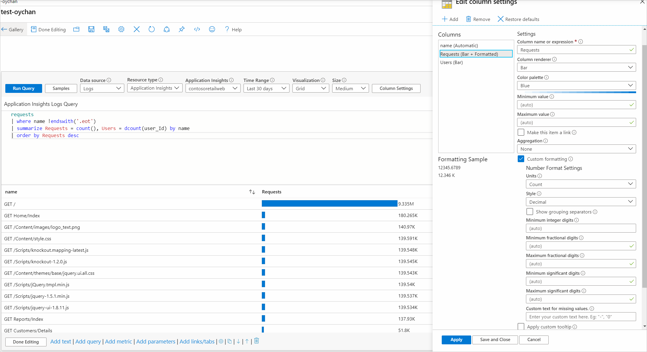 Captura de tela que mostra uma grade com base em log com a coluna Solicitações estilizada como barra.