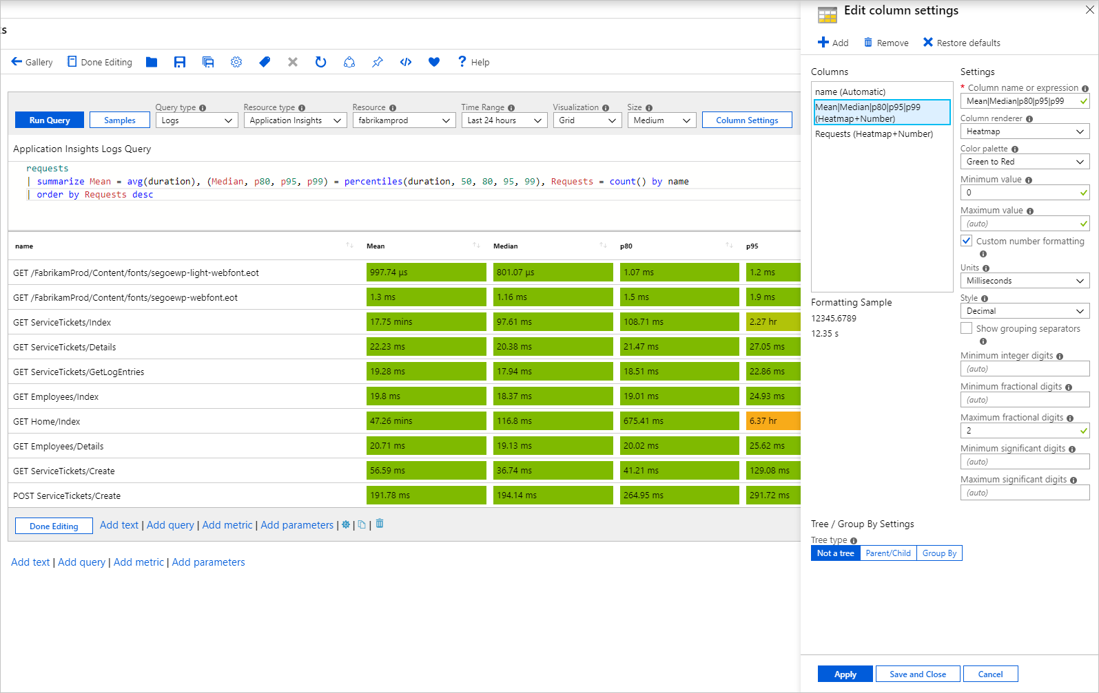 Captura de tela que mostra uma configuração de grade com base em log para obter uma escala compartilhada entre colunas.