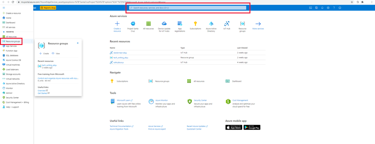 Captura de tela da home page do portal do Azure mostrando o painel de menu à esquerda e os Grupos de Recursos.