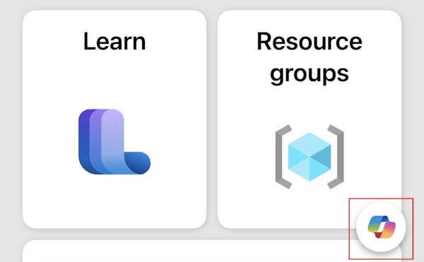 Captura de tela mostrando o ícone copilot no aplicativo móvel do Azure.