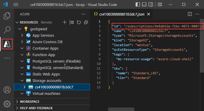 Captura de tela da extensão de Recursos do Azure do Visual Studio Code.