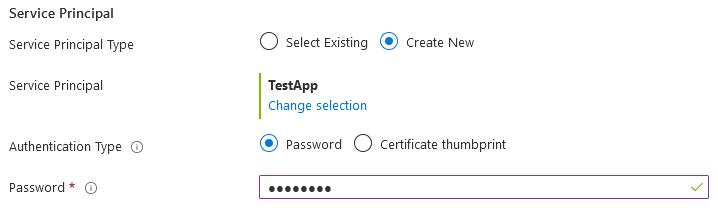 Captura de tela das opções de autenticação do Microsoft.Common.ServicePrincipalSelector após registrar um novo aplicativo.