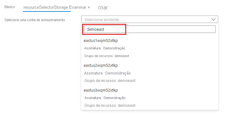 Captura de tela da lista de seletor de recurso que filtra por nome do grupo de recurso.