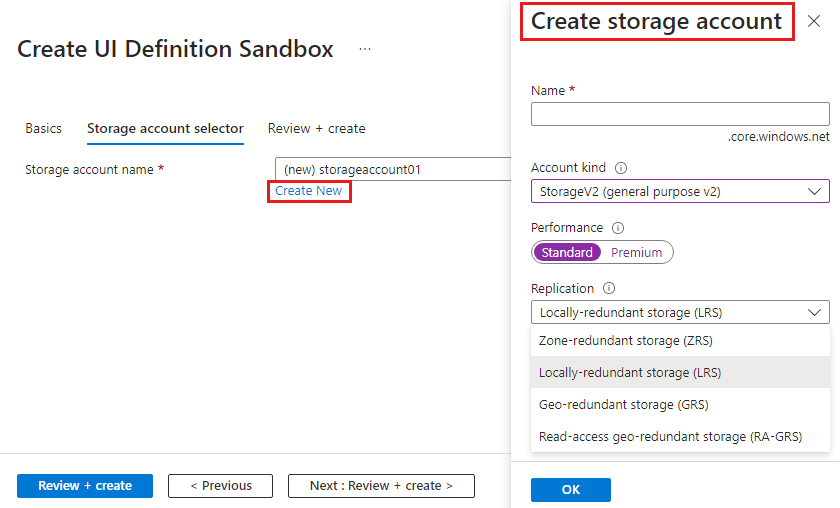 Captura de tela que mostra as opções do seletor de conta de armazenamento para criar uma nova conta de armazenamento.