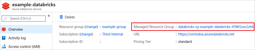 Captura de tela exibindo o link Grupo de Recursos Gerenciados no portal do Azure.