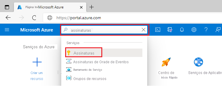 Captura de tela da caixa de pesquisa do portal do Azure com a palavra “assinaturas”.