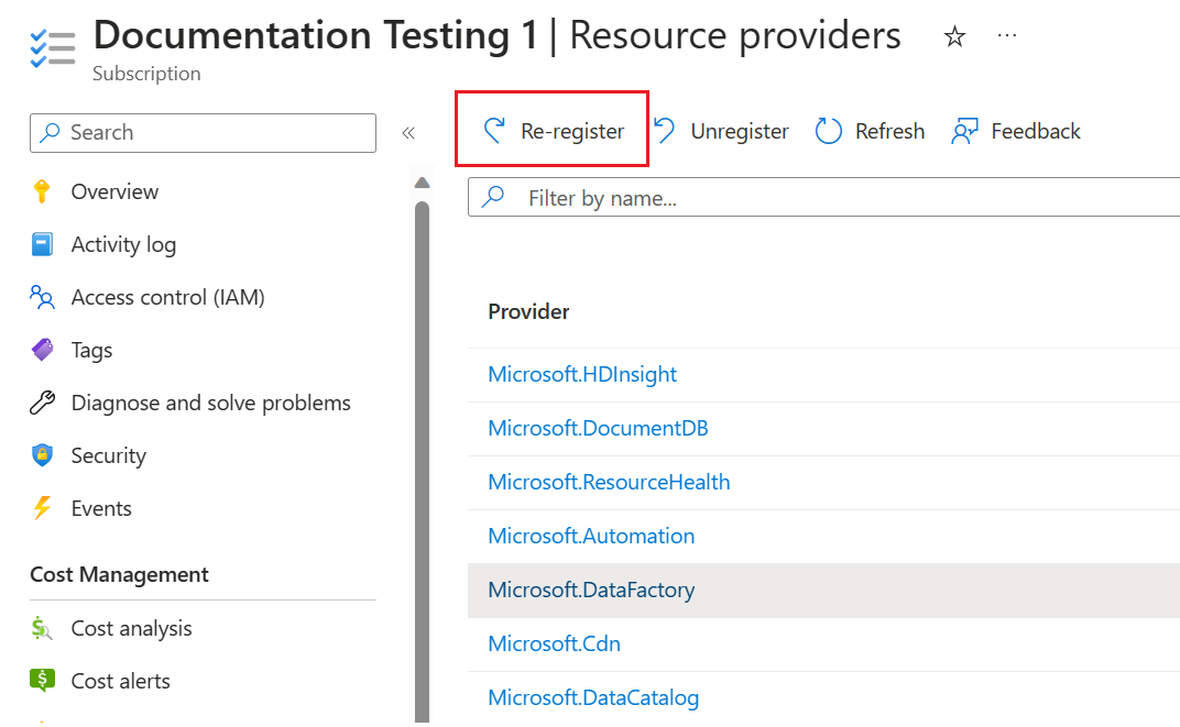 Captura de tela do novo registro de um provedor de recursos no portal do Azure.